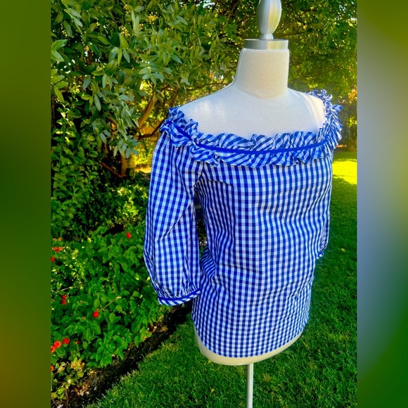 Neiman Marcus Blue Checkered Off-Shoulder Blouse - Picture 1 of 9